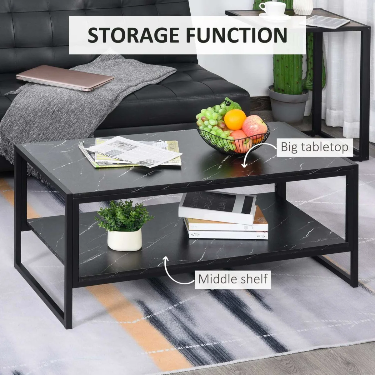 Minaba Black 2-Tier Marble Effect Coffee Table with Bottom Shelf – image 5