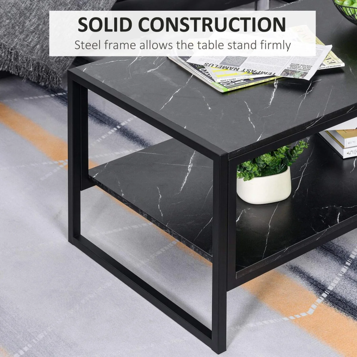 Minaba Black 2-Tier Marble Effect Coffee Table with Bottom Shelf – image 6
