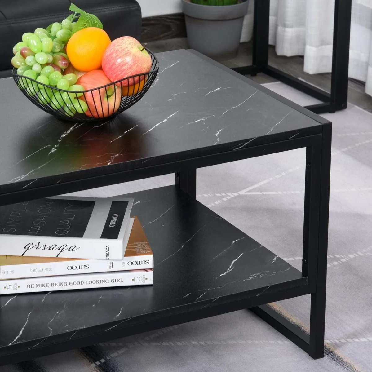 Minaba Black 2-Tier Marble Effect Coffee Table with Bottom Shelf – image 7