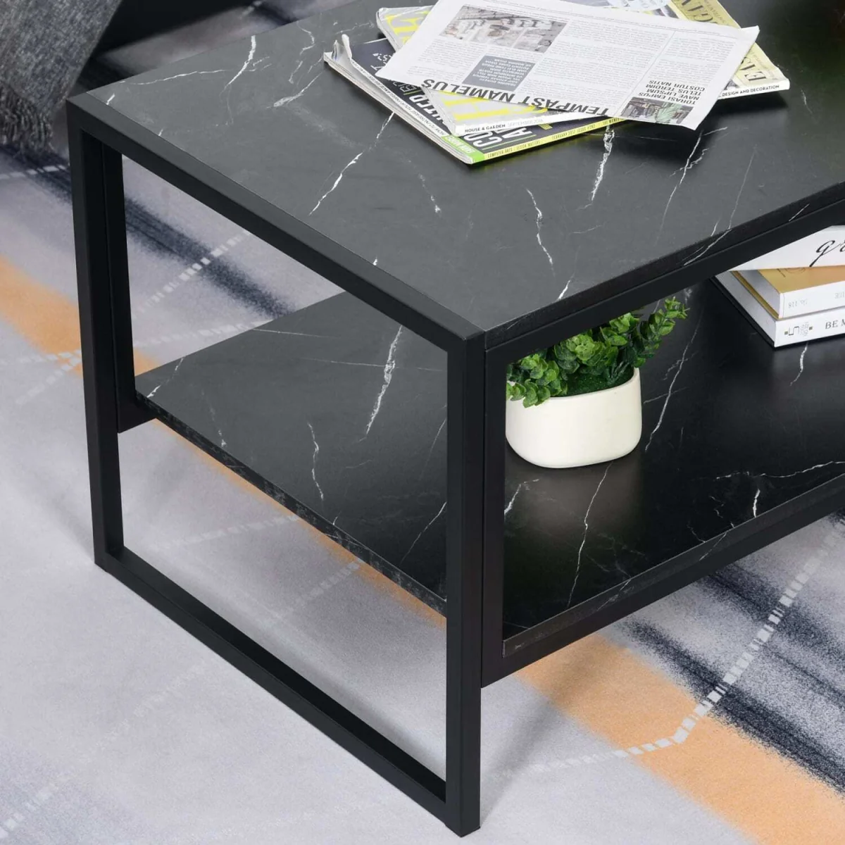 Minaba Black 2-Tier Marble Effect Coffee Table with Bottom Shelf – image 9