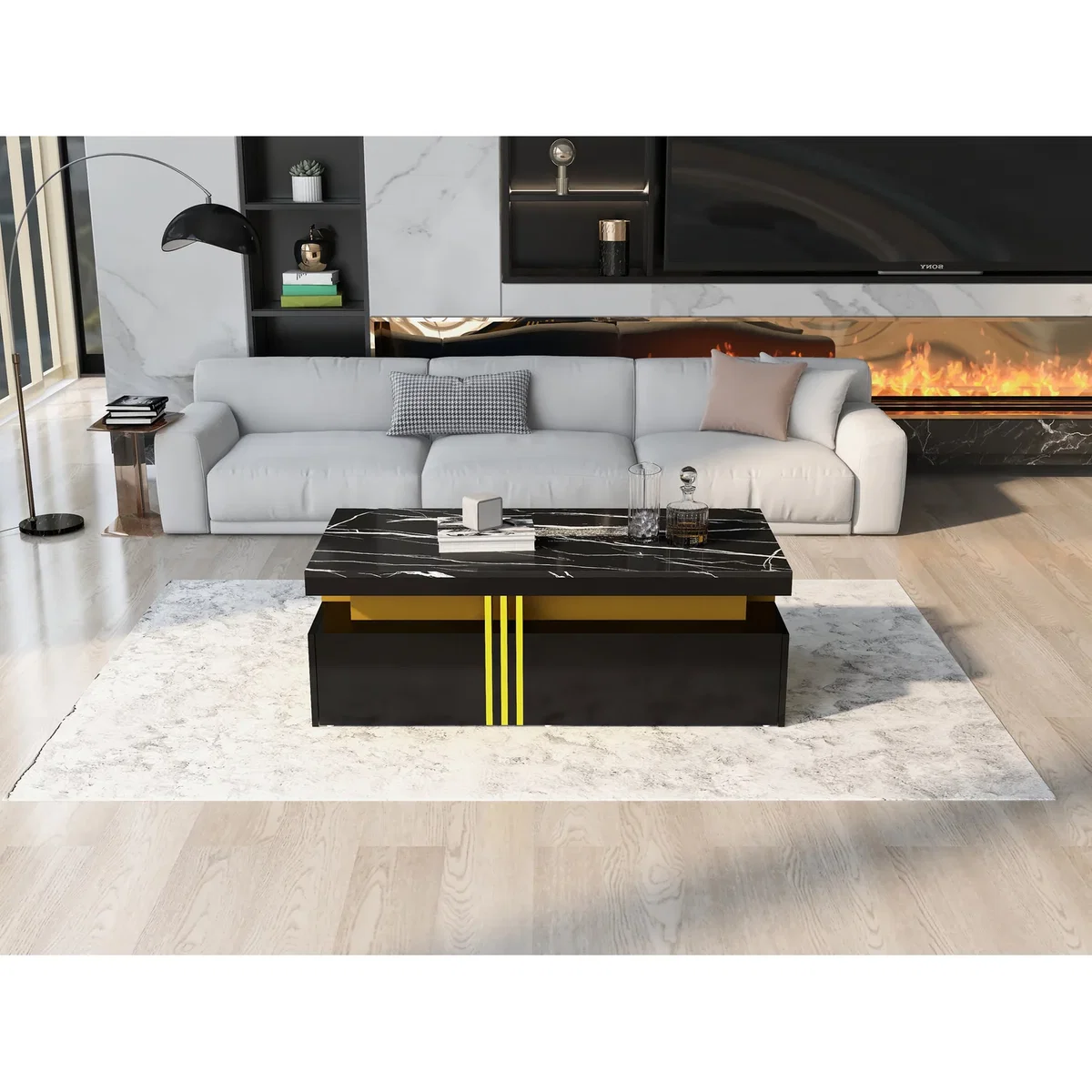 Modern Black Rectangular Coffee Table with Marble Pattern Top and 2 Wooden Drawers - Black – image 2