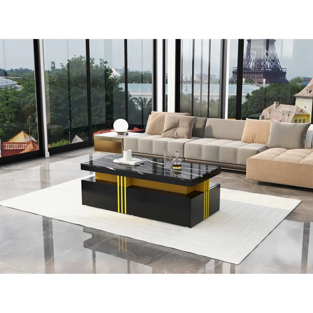 Modern Black Rectangular Coffee Table with Marble Pattern Top and 2 Wooden Drawers - Black – image 3
