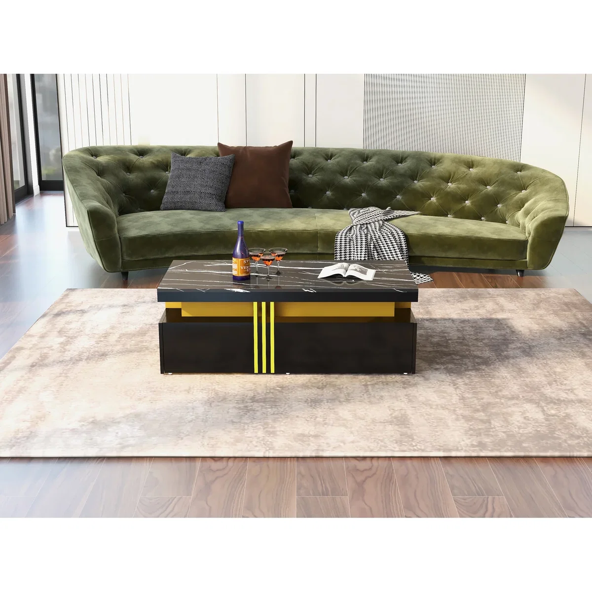 Modern Black Rectangular Coffee Table with Marble Pattern Top and 2 Wooden Drawers - Black – image 4