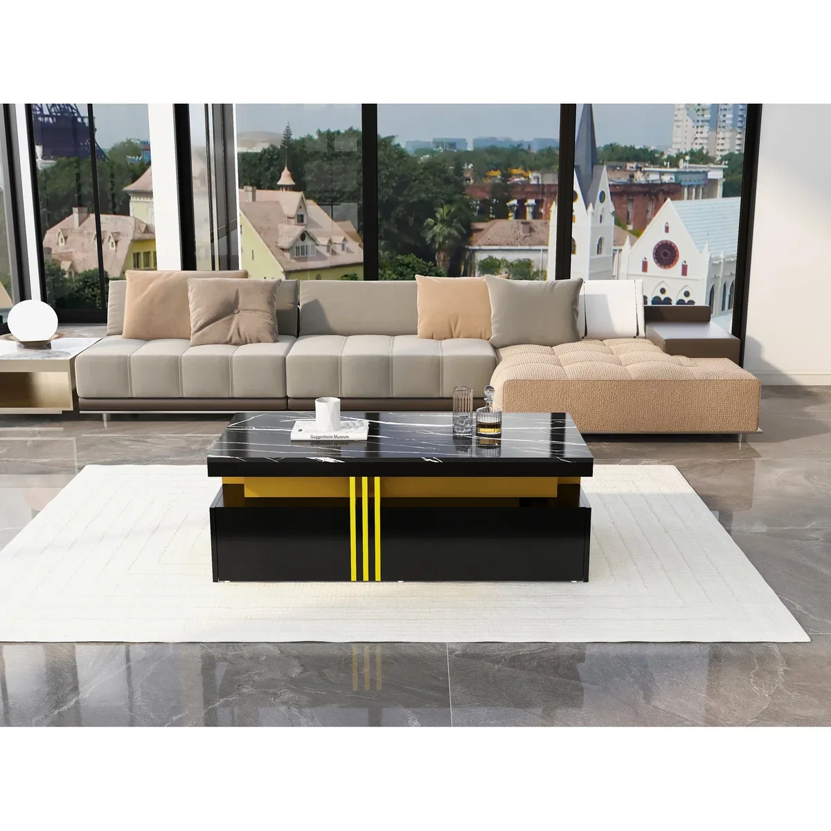 Modern Black Rectangular Coffee Table with Marble Pattern Top and 2 Wooden Drawers - Black – image 5