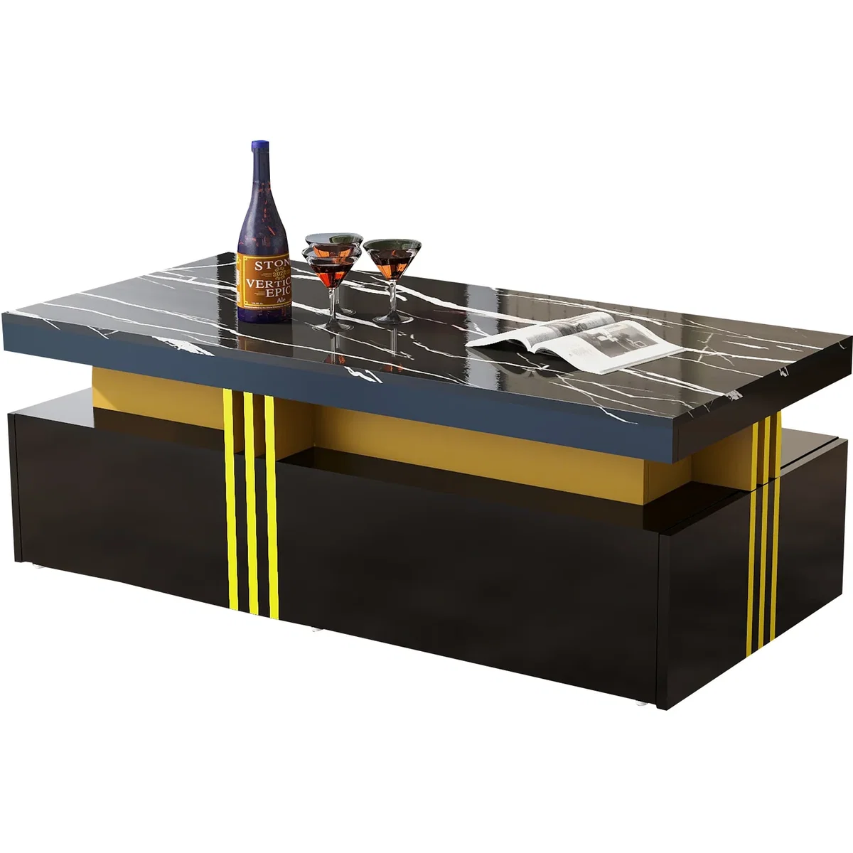 Modern Black Rectangular Coffee Table with Marble Pattern Top and 2 Wooden Drawers - Black – image 6