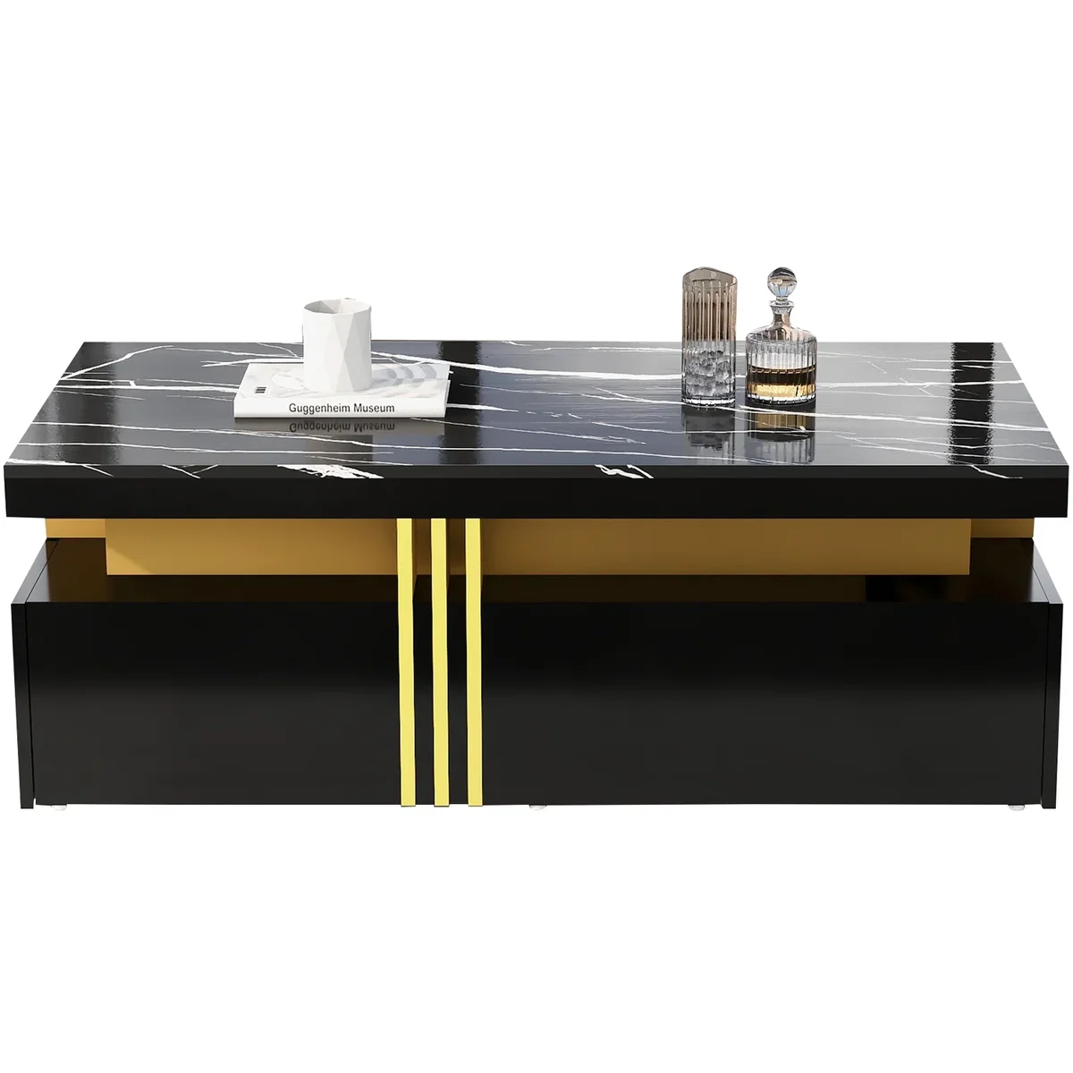 Modern Black Rectangular Coffee Table with Marble Pattern Top and 2 Wooden Drawers - Black – image 7