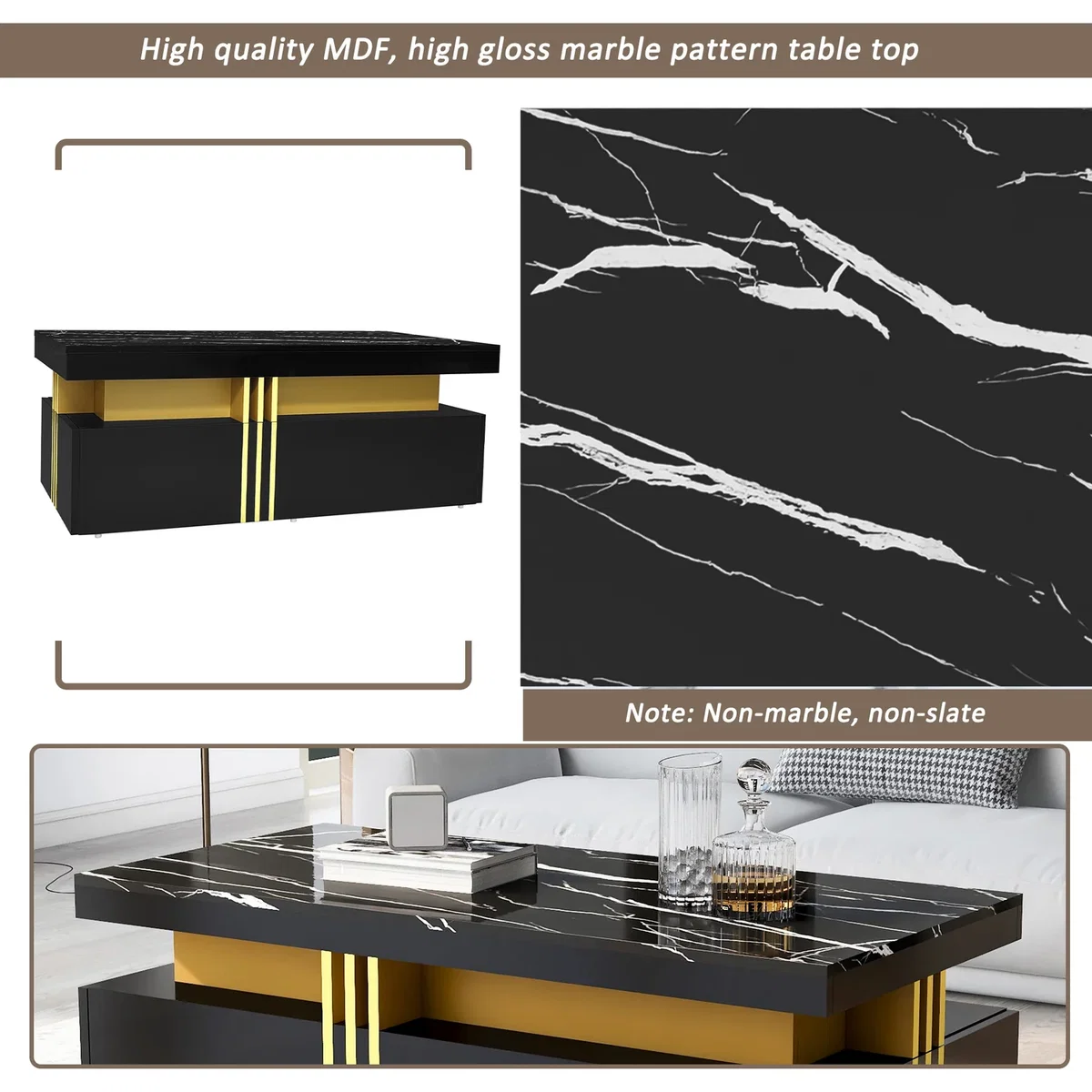 Modern Black Rectangular Coffee Table with Marble Pattern Top and 2 Wooden Drawers - Black – image 8