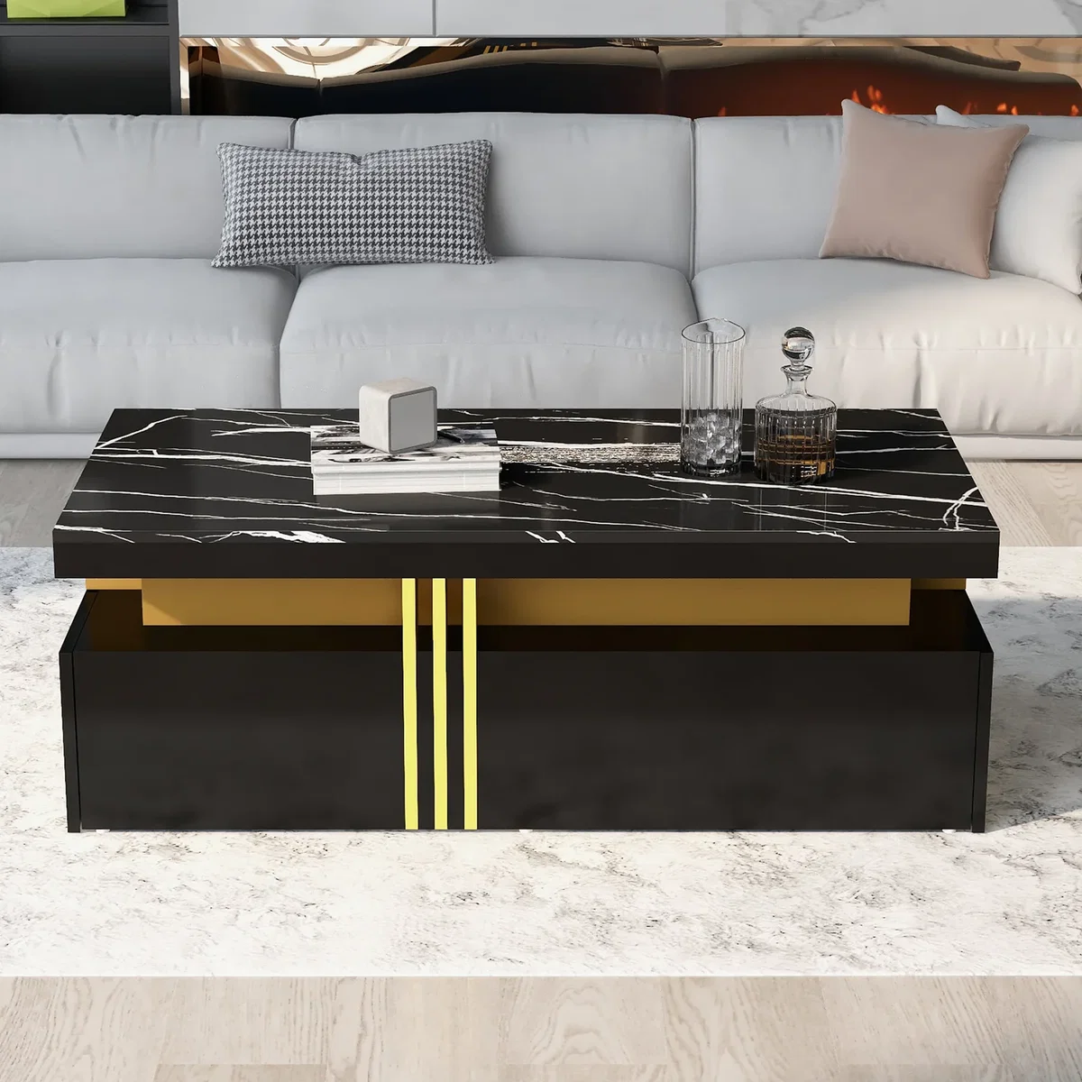 Modern Black Rectangular Coffee Table with Marble Pattern Top and 2 Wooden Drawers - Black – image 1