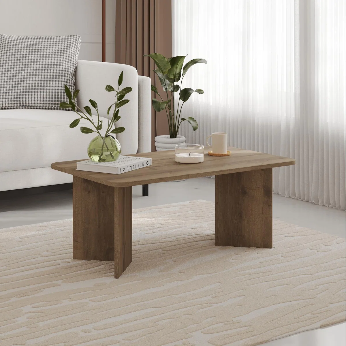 Modern Radius Coffee Table Rectangular Centre Table - Dark Oak Effect