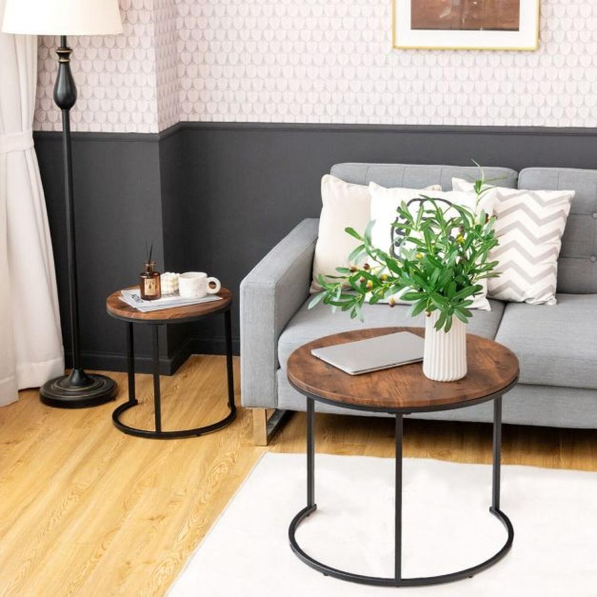 2 Set Modern Industrial Stackable Nesting Coffee Tables - brwon and black – image 2