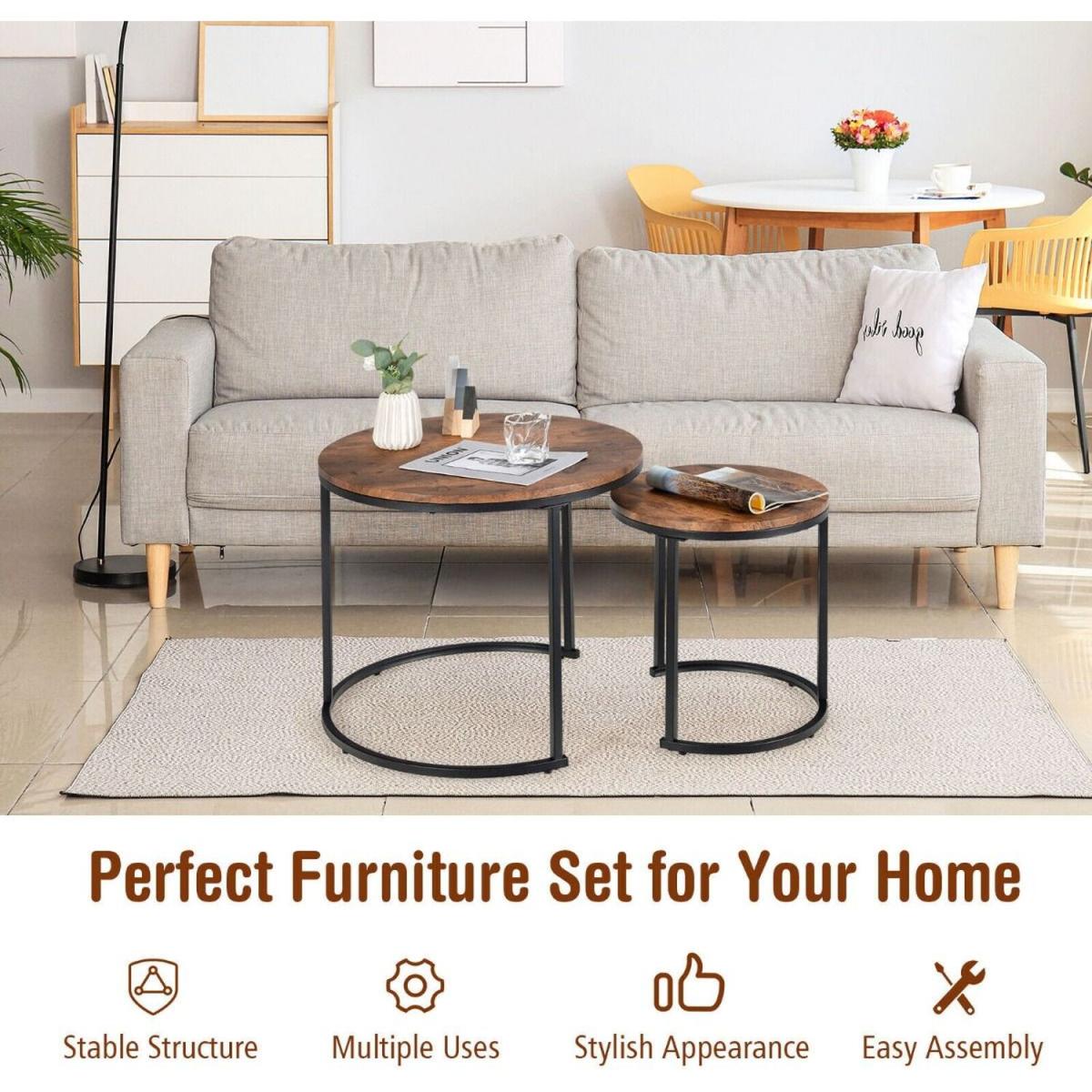 2 Set Modern Industrial Stackable Nesting Coffee Tables - brwon and black – image 4