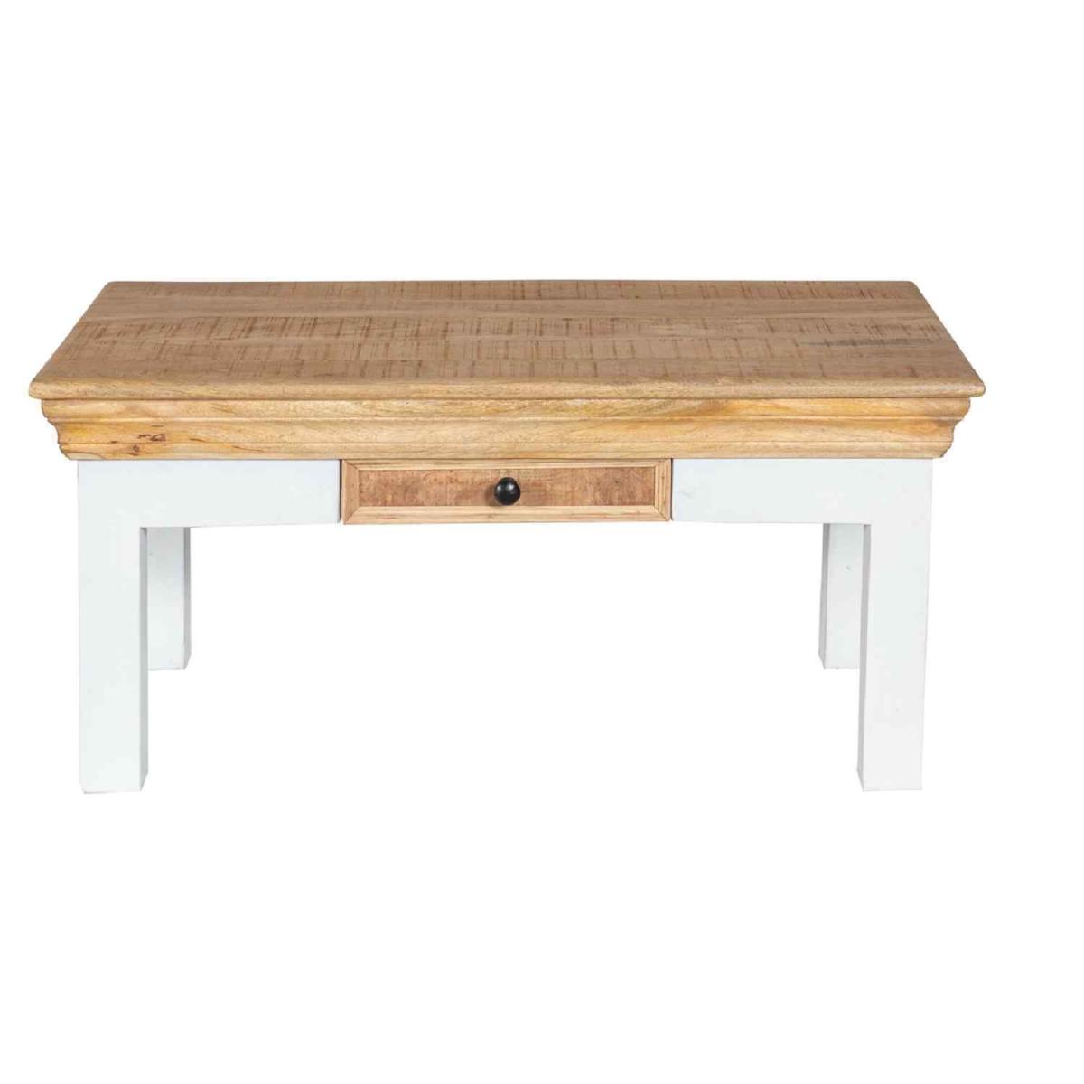 Solid Mango Wood White Coffee Table With Drawer - White – image 2