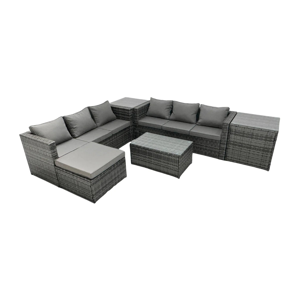 7-Seat PE Rattan Sofa Set, Coffee Table, 2 Side Tables, Footstool - Dark Grey Mixed