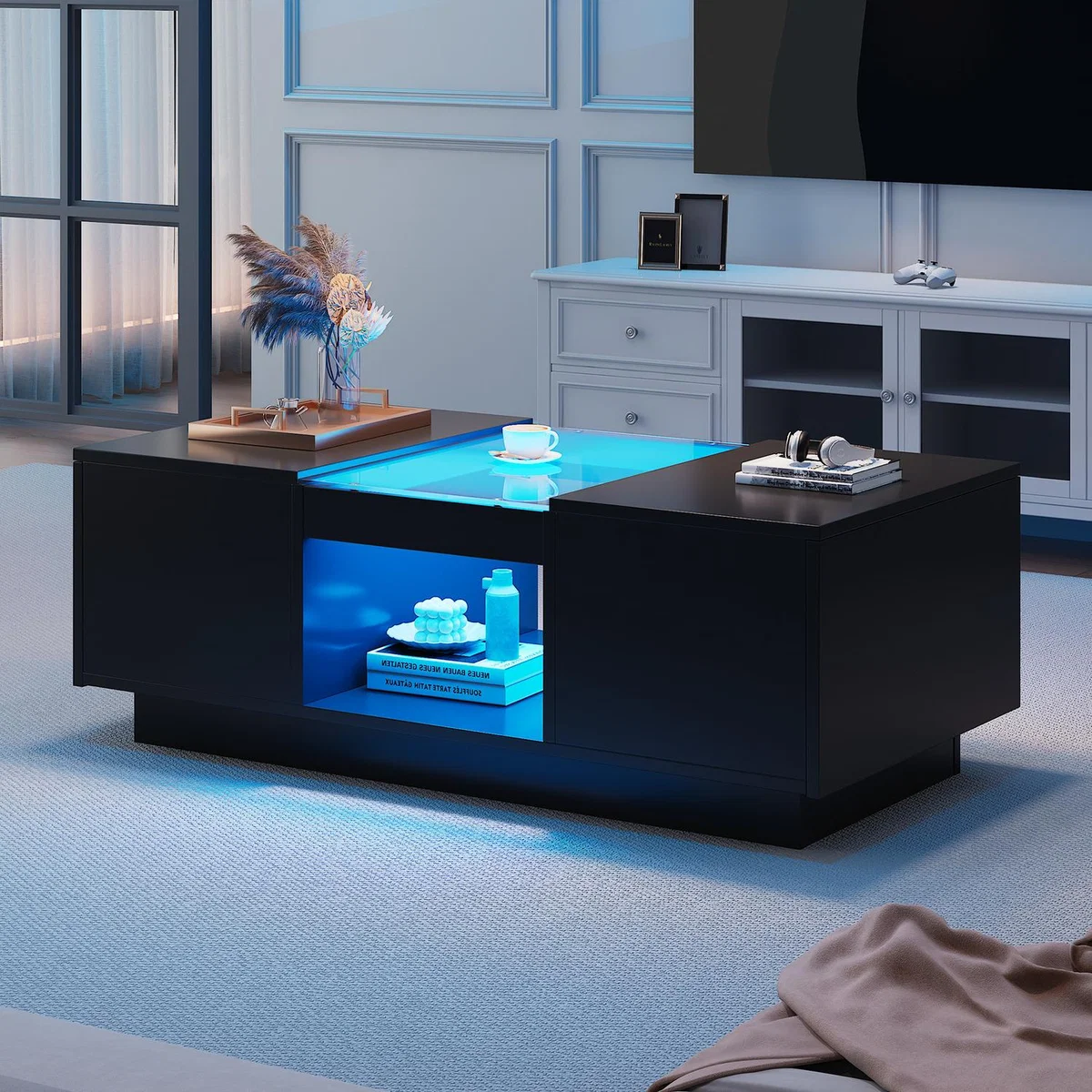 LED Coffee Table with Glass - Black / 35.5cm