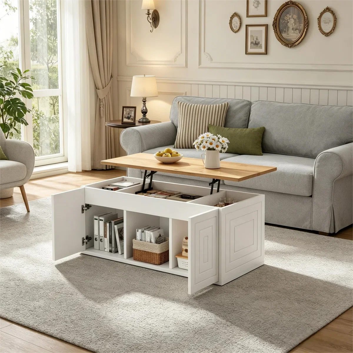 Height-Adjustable White Coffee Table with 2 Cabinet Doors and Natural Wood Tones - White – image 2