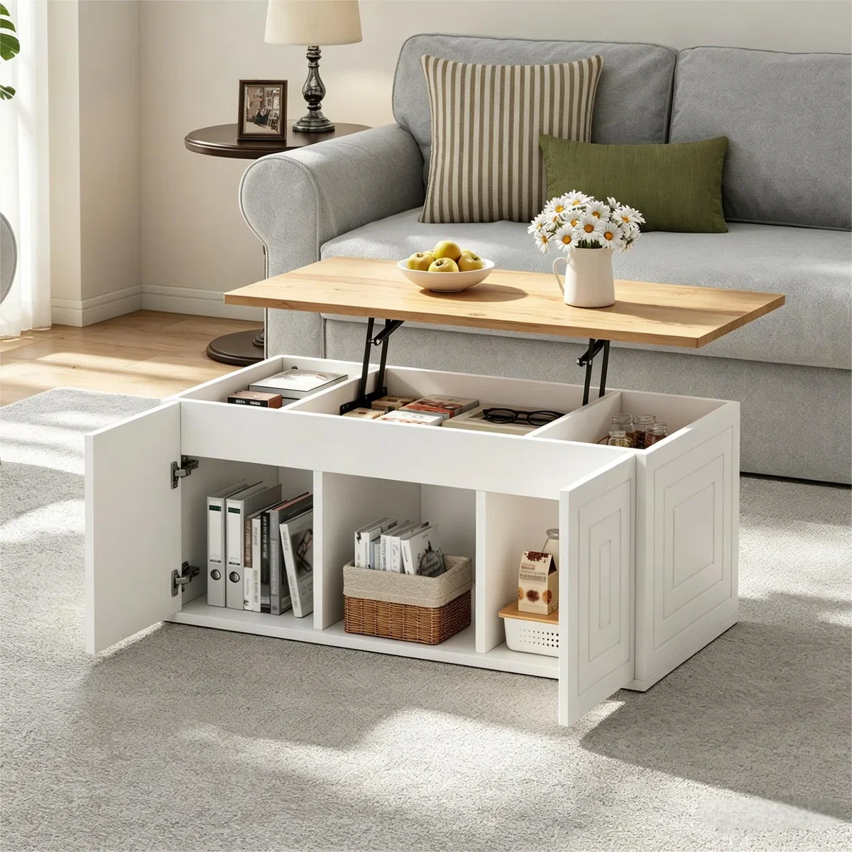 Height-Adjustable White Coffee Table with 2 Cabinet Doors and Natural Wood Tones - White – image 3