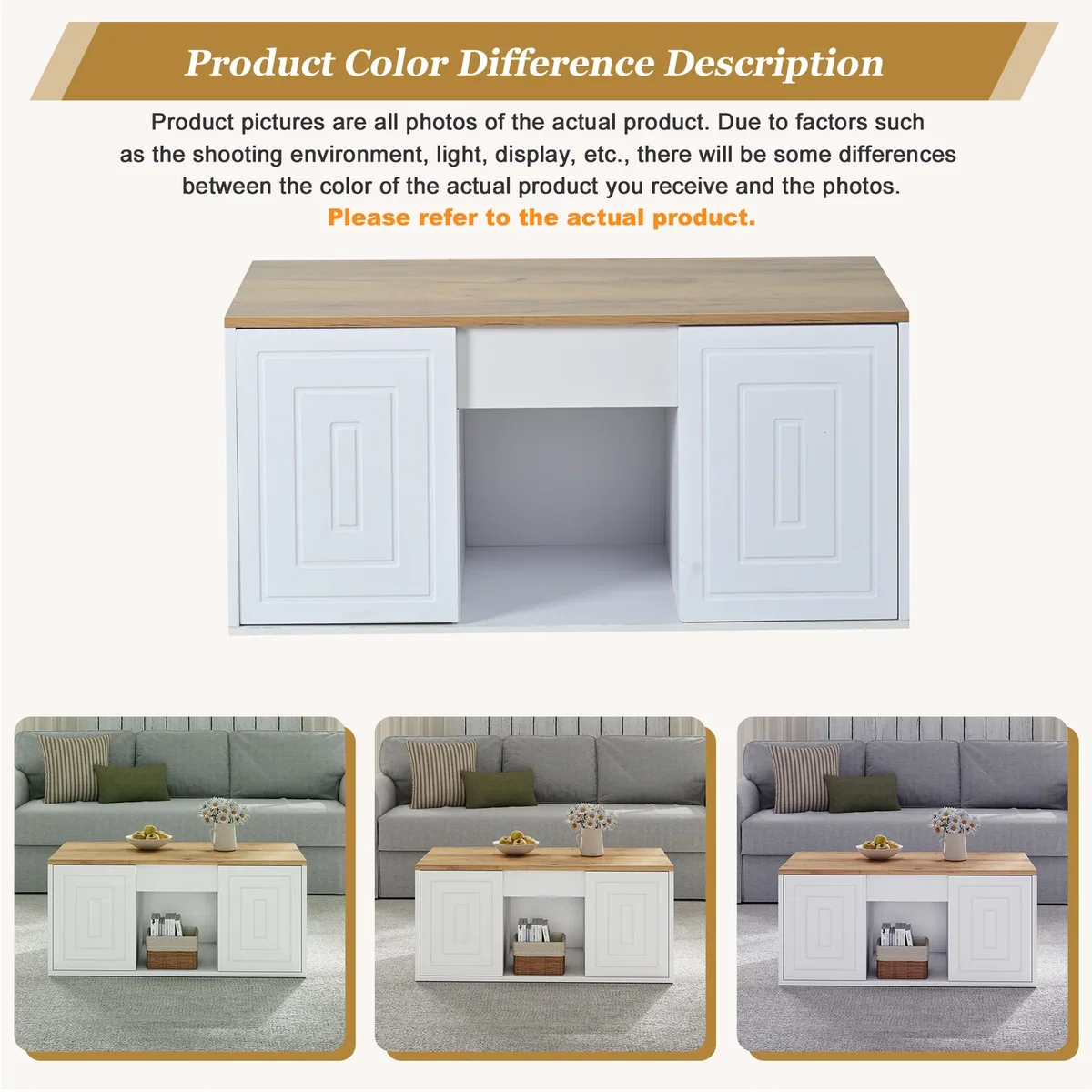 Height-Adjustable White Coffee Table with 2 Cabinet Doors and Natural Wood Tones - White – image 9