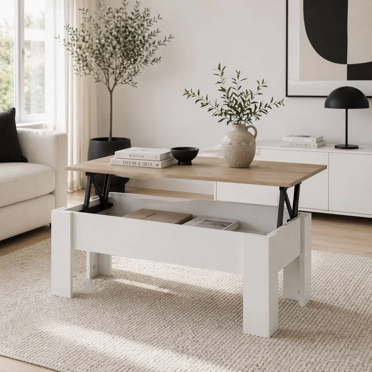 Lirifi Nono Lift-Top Coffee Table with Hidden Storage, White and Oak Finish – image 3