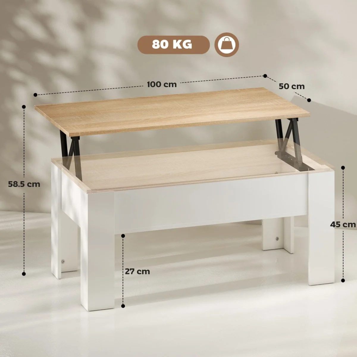 Lirifi Nono Lift-Top Coffee Table with Hidden Storage, White and Oak Finish – image 5