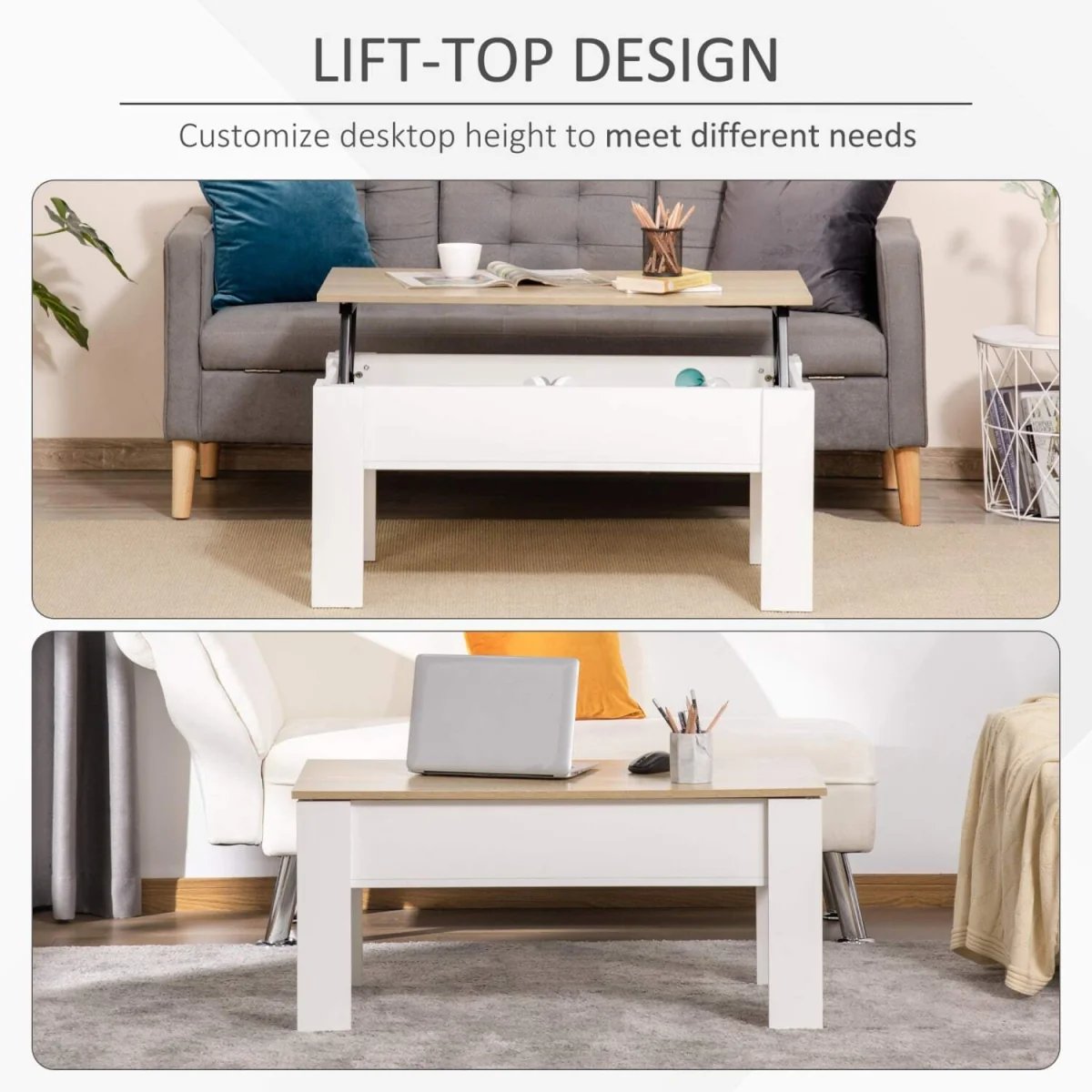 Lirifi Nono Lift-Top Coffee Table with Hidden Storage, White and Oak Finish – image 6