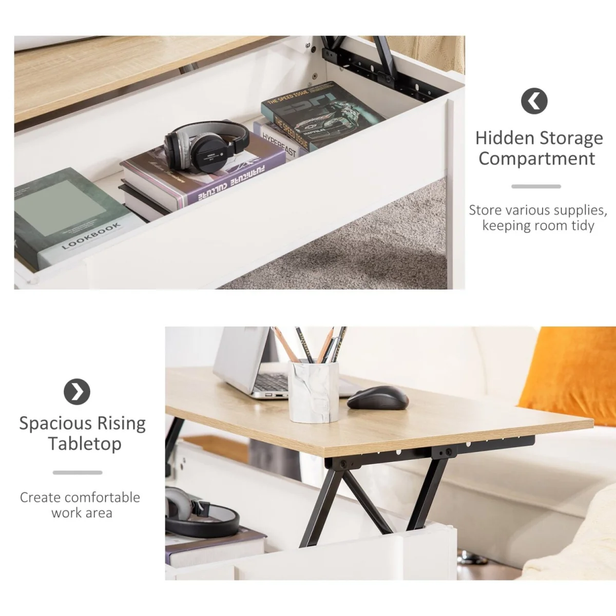 Lirifi Nono Lift-Top Coffee Table with Hidden Storage, White and Oak Finish – image 7