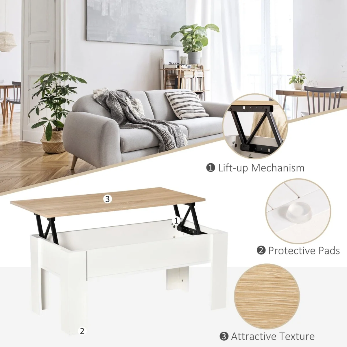 Lirifi Nono Lift-Top Coffee Table with Hidden Storage, White and Oak Finish – image 8