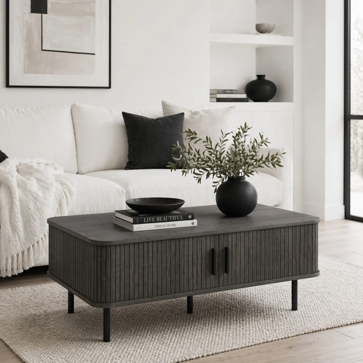 Yocoma Grey Wood-Effect Rectangular Coffee Table with Tambour Doors – image 2