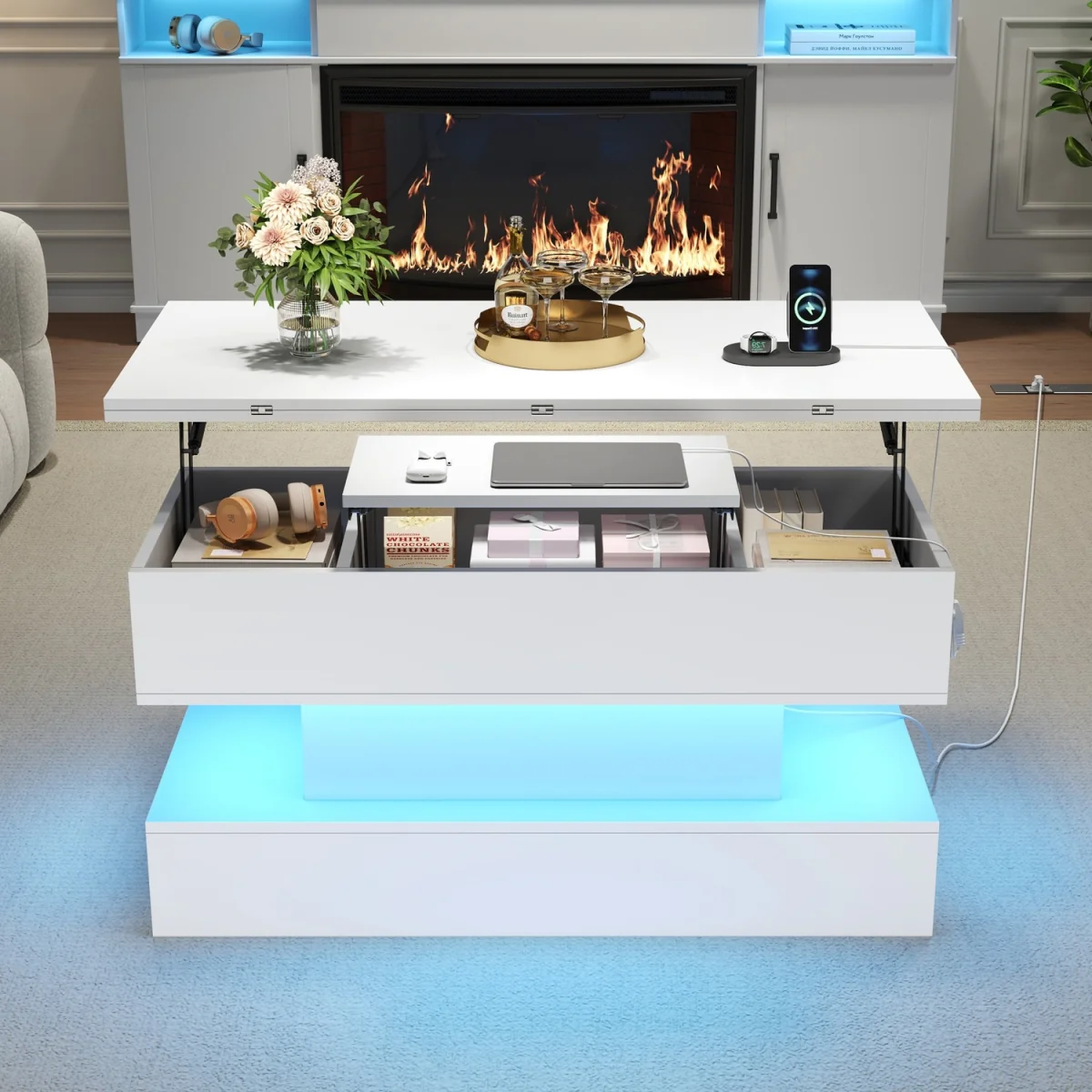 Lift Top Coffee Table with LED Light, Power Socket, USB & USB-C Charging Ports - White – image 2