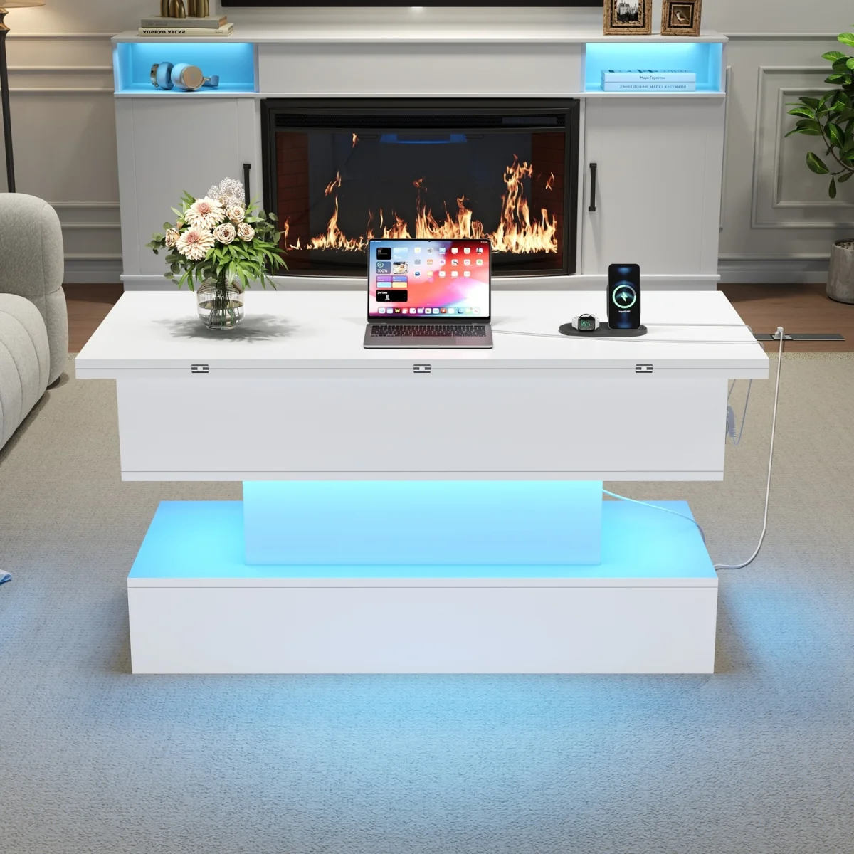 Lift Top Coffee Table with LED Light, Power Socket, USB & USB-C Charging Ports - White – image 3