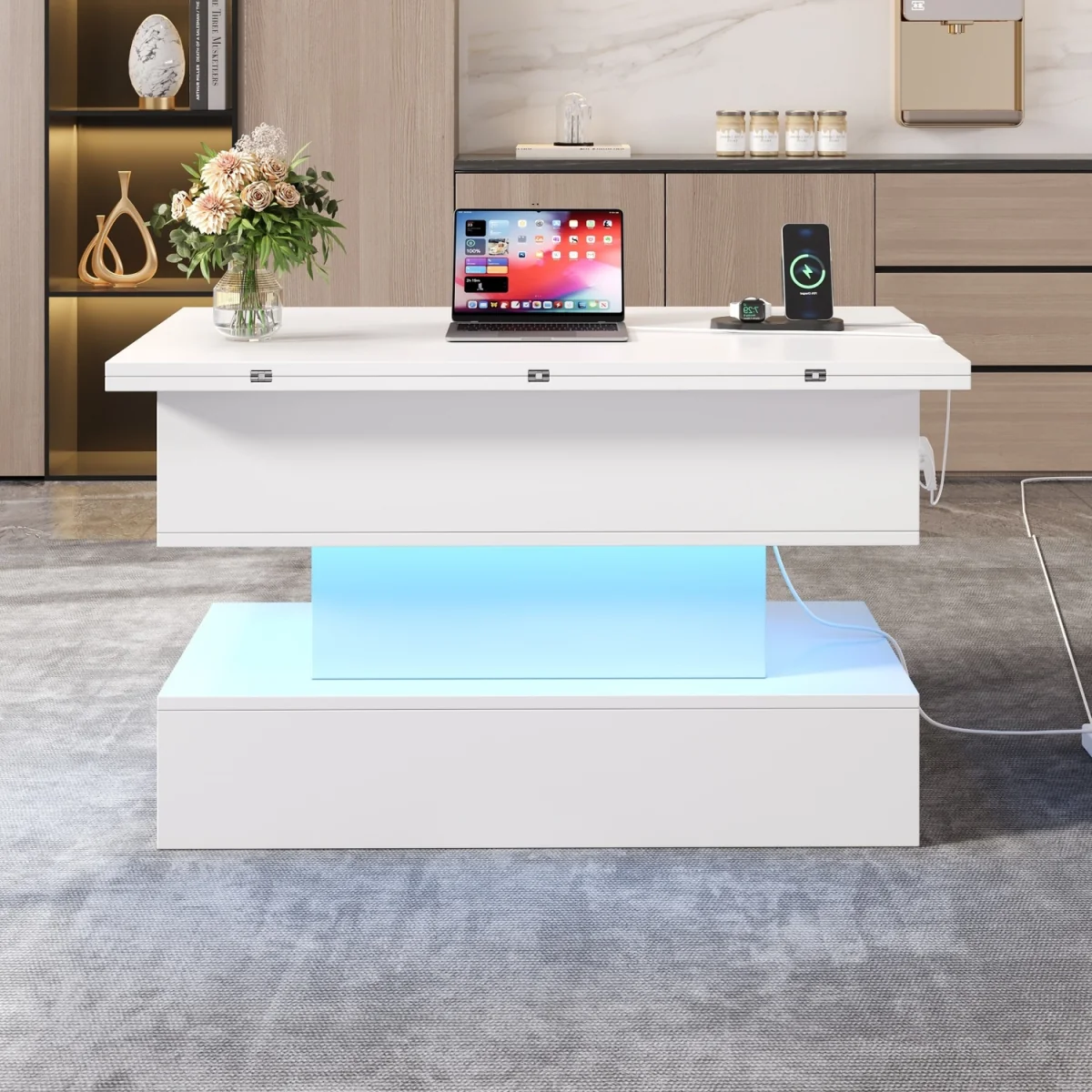 Lift Top Coffee Table with LED Light, Power Socket, USB & USB-C Charging Ports - White – image 4