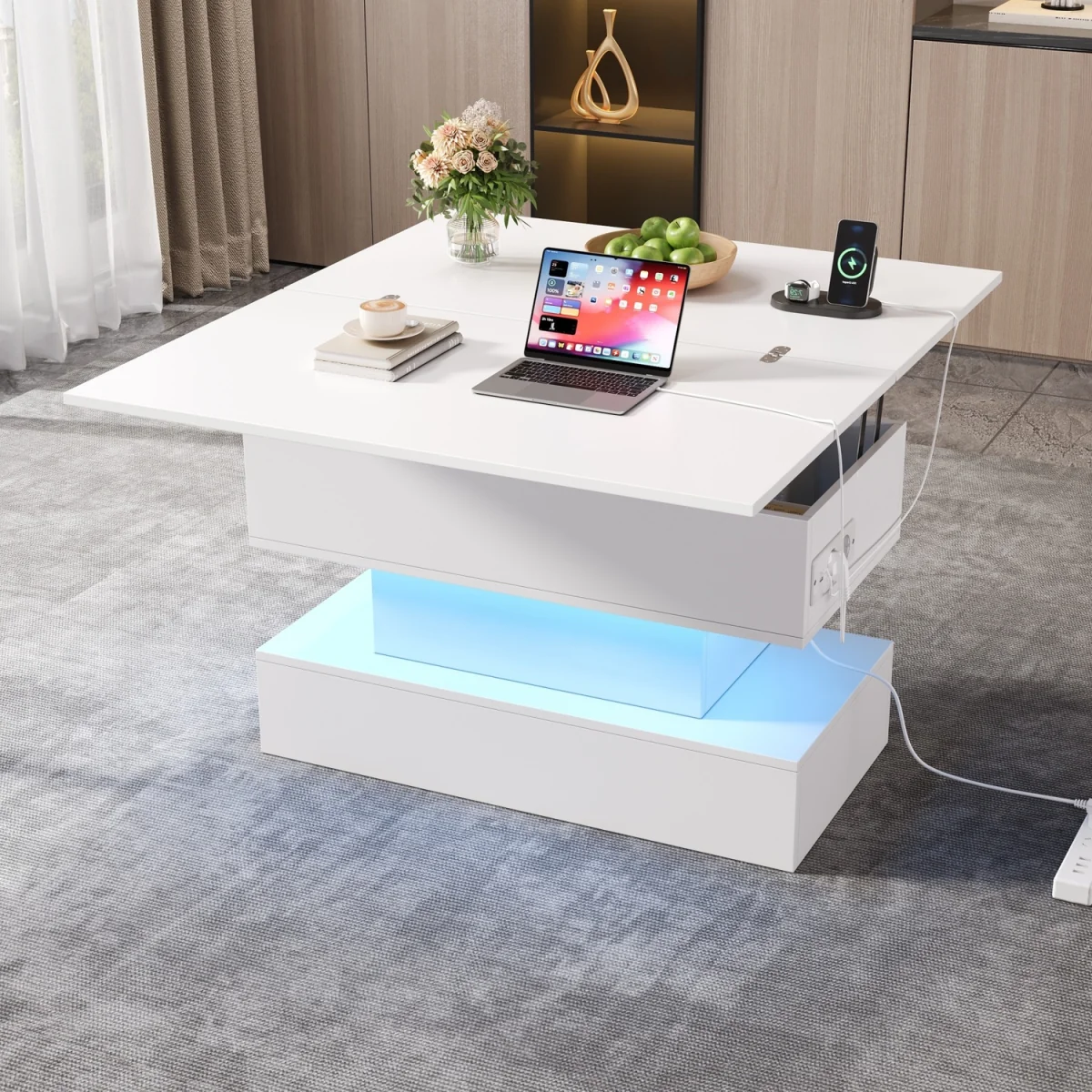 Lift Top Coffee Table with LED Light, Power Socket, USB & USB-C Charging Ports - White – image 5