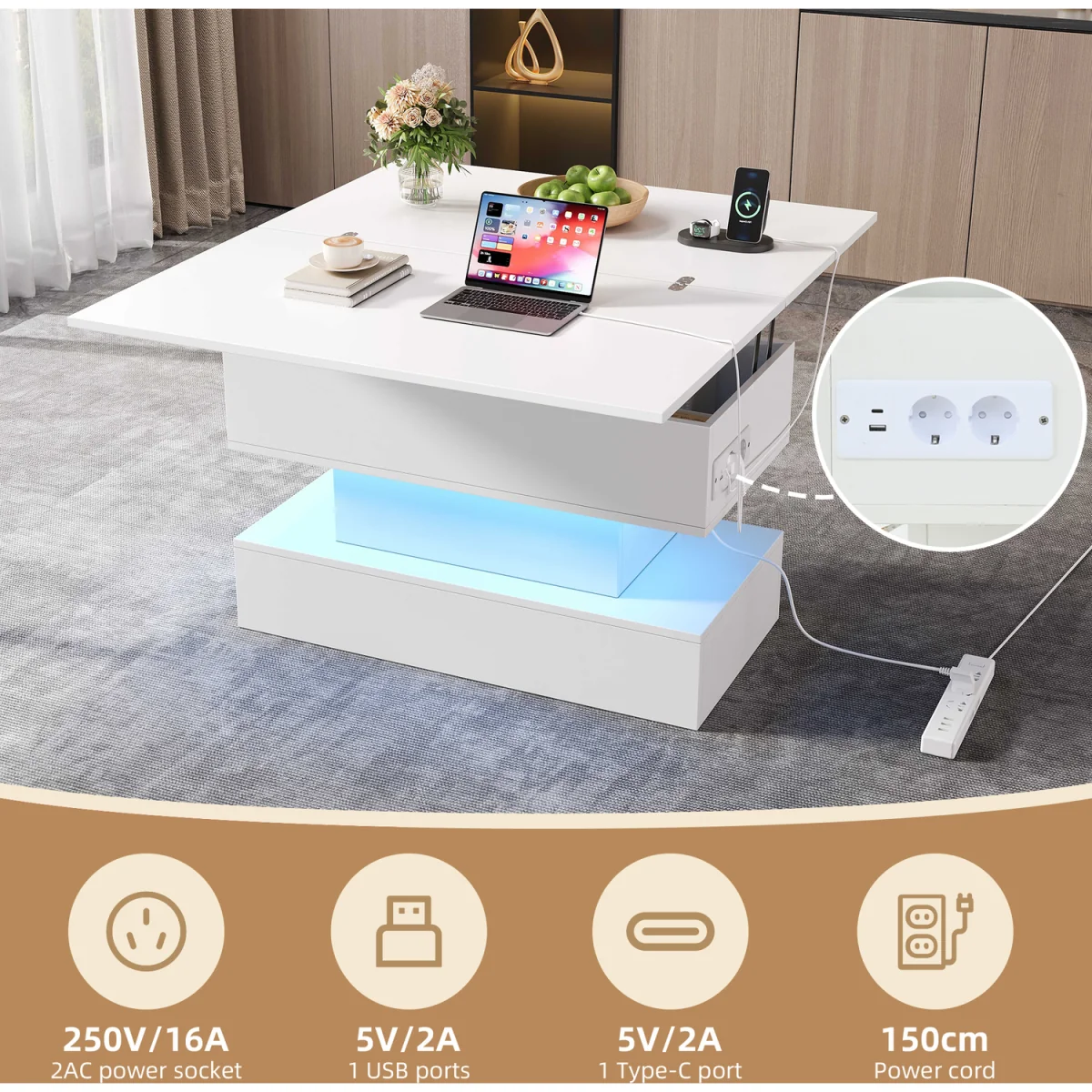Lift Top Coffee Table with LED Light, Power Socket, USB & USB-C Charging Ports - White – image 6
