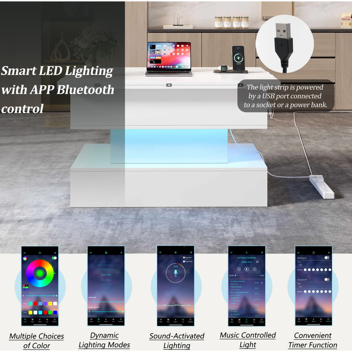 Lift Top Coffee Table with LED Light, Power Socket, USB & USB-C Charging Ports - White – image 7