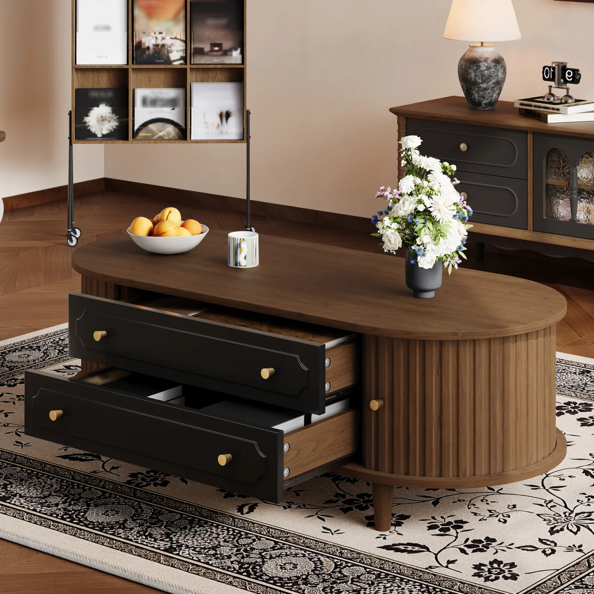 Walnut Finish Coffee Table with 2 Drawers and Roll-Up Door - Walnut – image 2