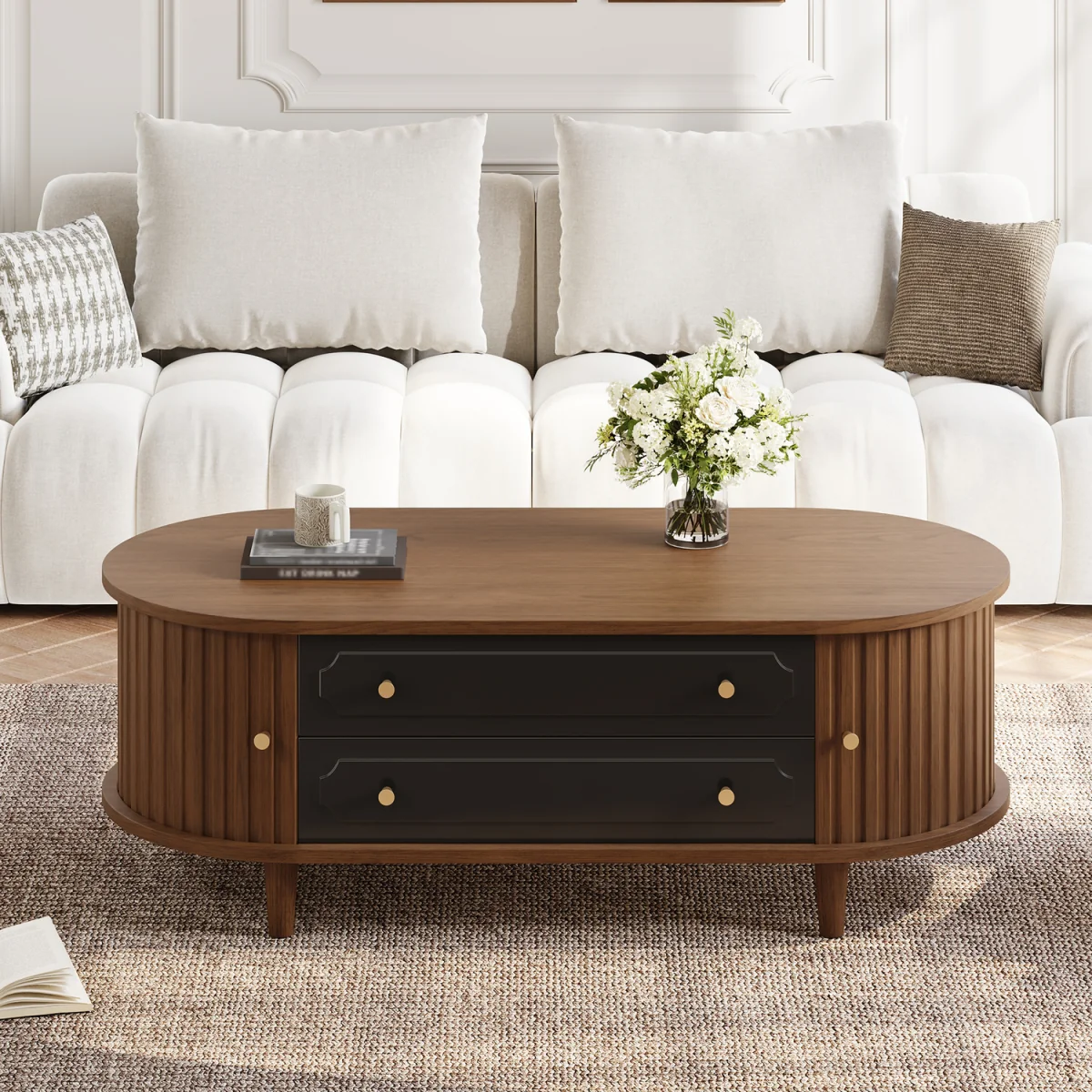 Walnut Finish Coffee Table with 2 Drawers and Roll-Up Door - Walnut – image 3