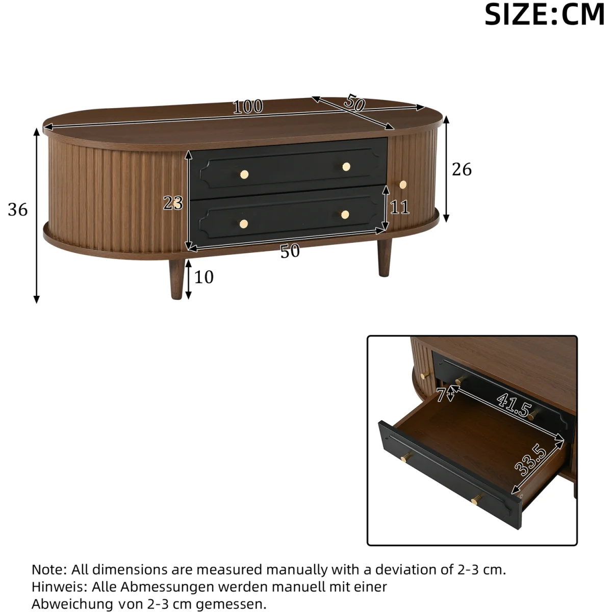 Walnut Finish Coffee Table with 2 Drawers and Roll-Up Door - Walnut – image 5