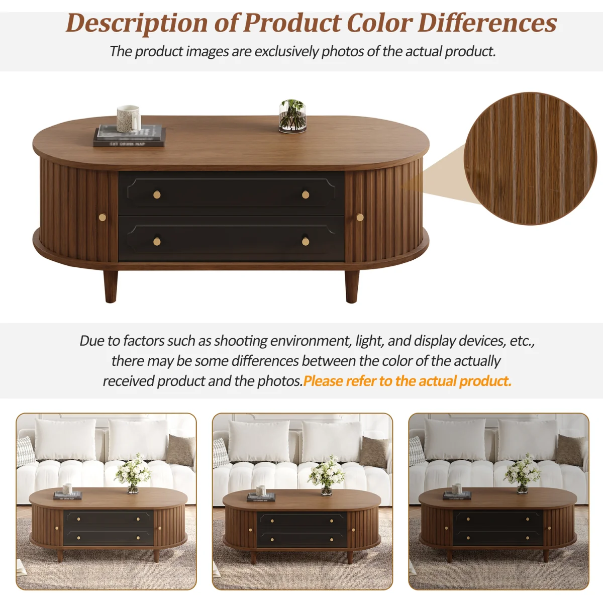 Walnut Finish Coffee Table with 2 Drawers and Roll-Up Door - Walnut – image 6