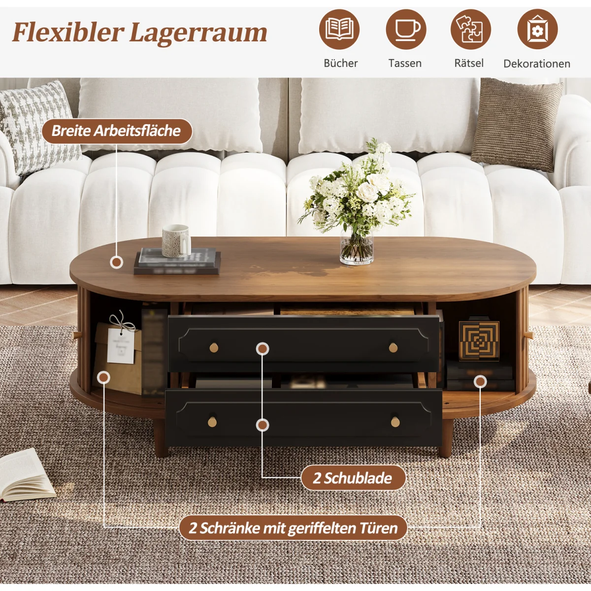 Walnut Finish Coffee Table with 2 Drawers and Roll-Up Door - Walnut – image 7