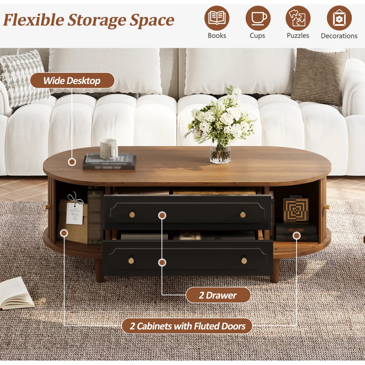Walnut Finish Coffee Table with 2 Drawers and Roll-Up Door - Walnut – image 8