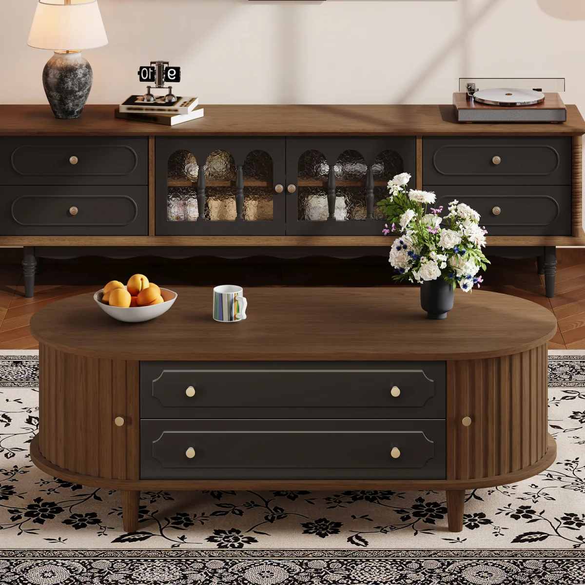 Walnut Finish Coffee Table with 2 Drawers and Roll-Up Door - Walnut – image 9