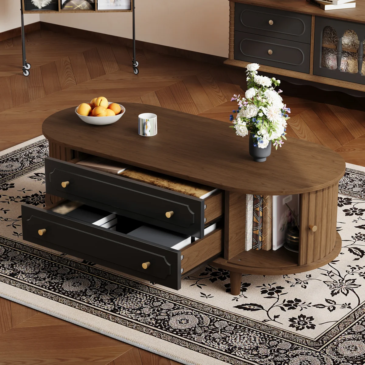 Walnut Finish Coffee Table with 2 Drawers and Roll-Up Door - Walnut – image 1