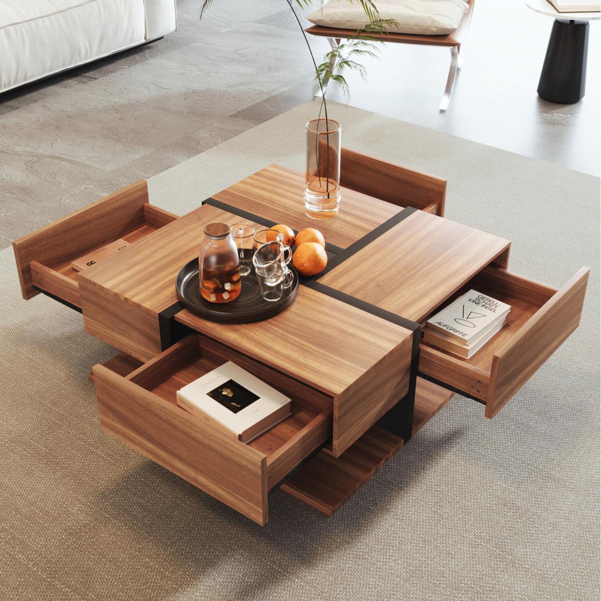 Line design Coffee table with 4 drawers - Natural