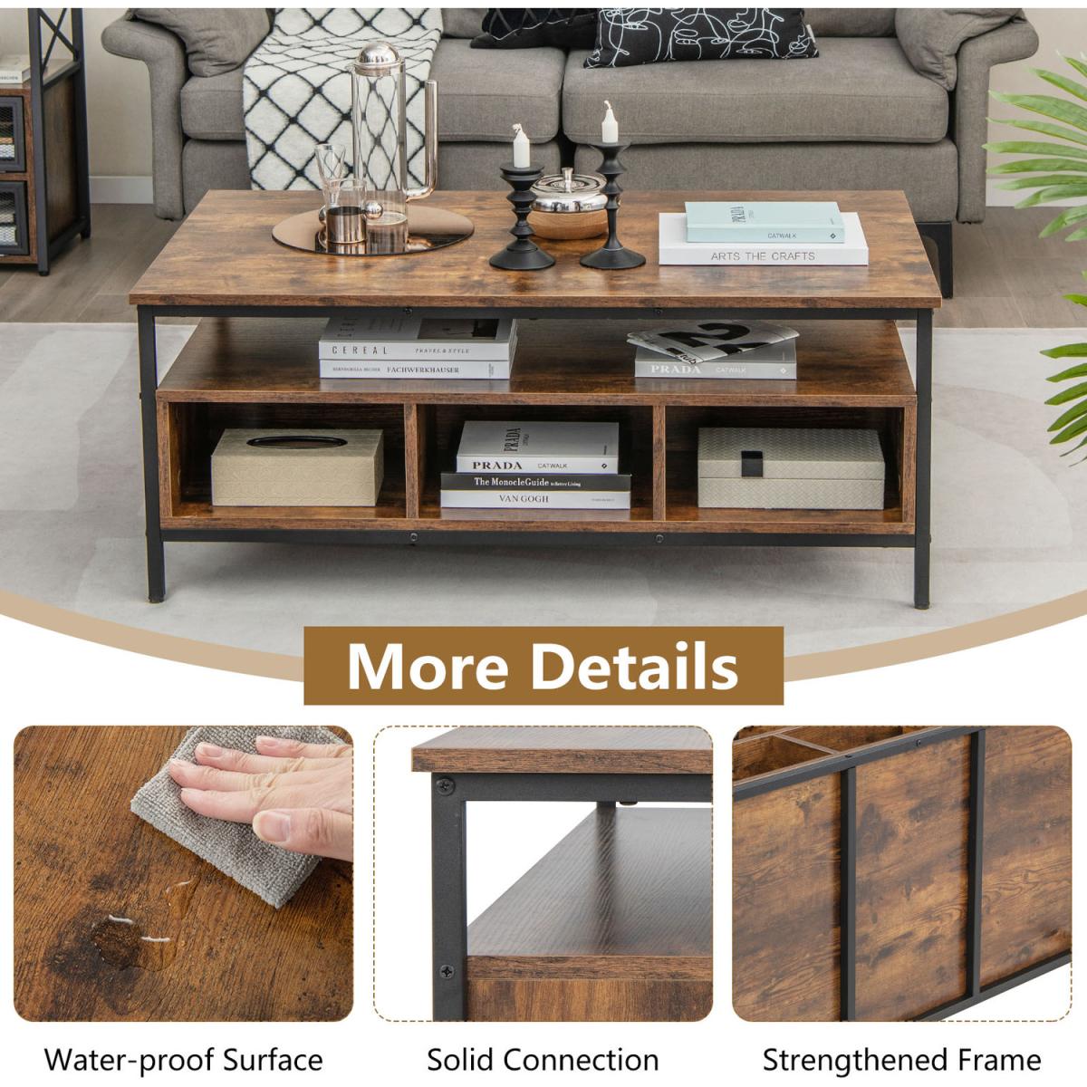Costway Industrial 3-Tier Coffee Table Rectangular Center Table - Brown – image 2