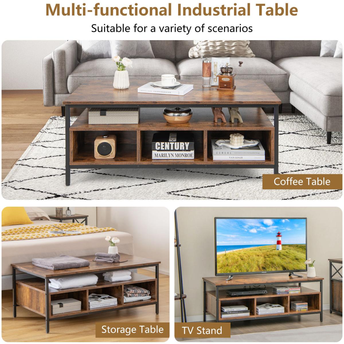 Costway Industrial 3-Tier Coffee Table Rectangular Center Table - Brown – image 5