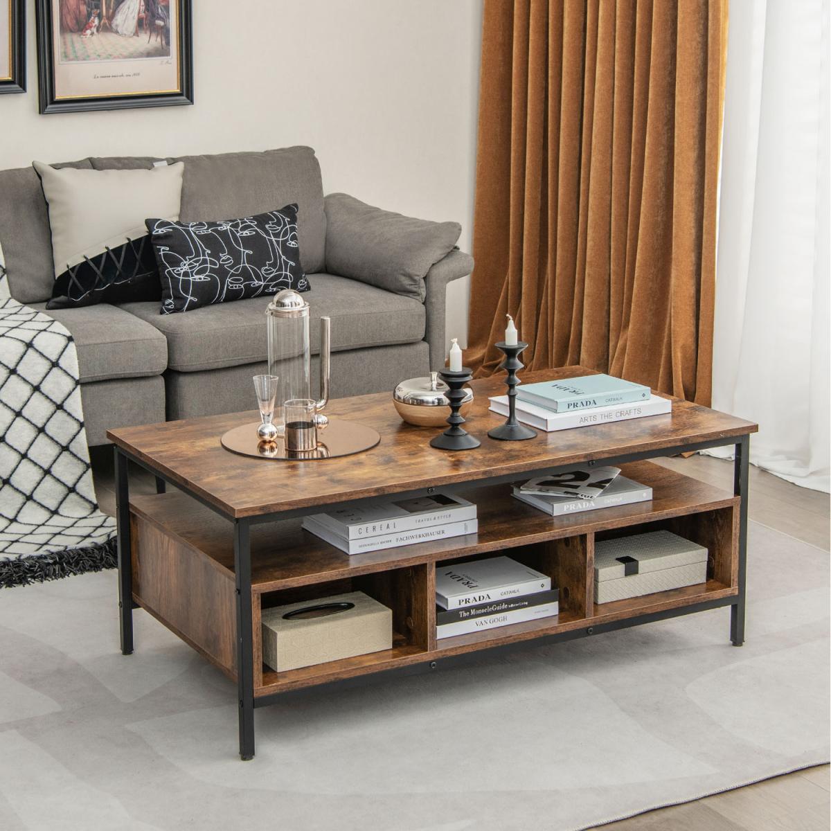 Costway Industrial 3-Tier Coffee Table Rectangular Center Table - Brown – image 6