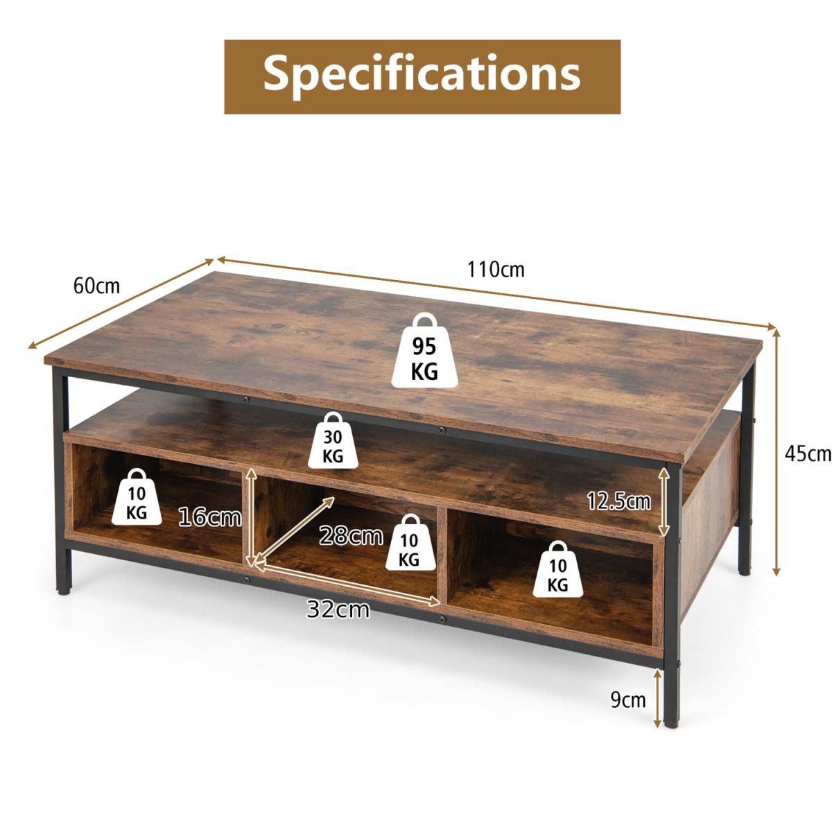 Costway Industrial 3-Tier Coffee Table Rectangular Center Table - Brown – image 8