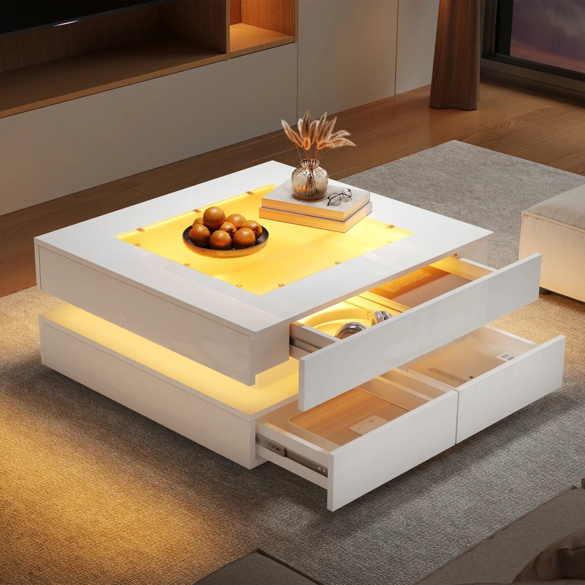 White High Gloss Coffee Table with 3 Drawers, Glass Top & LED Lights - White – image 2