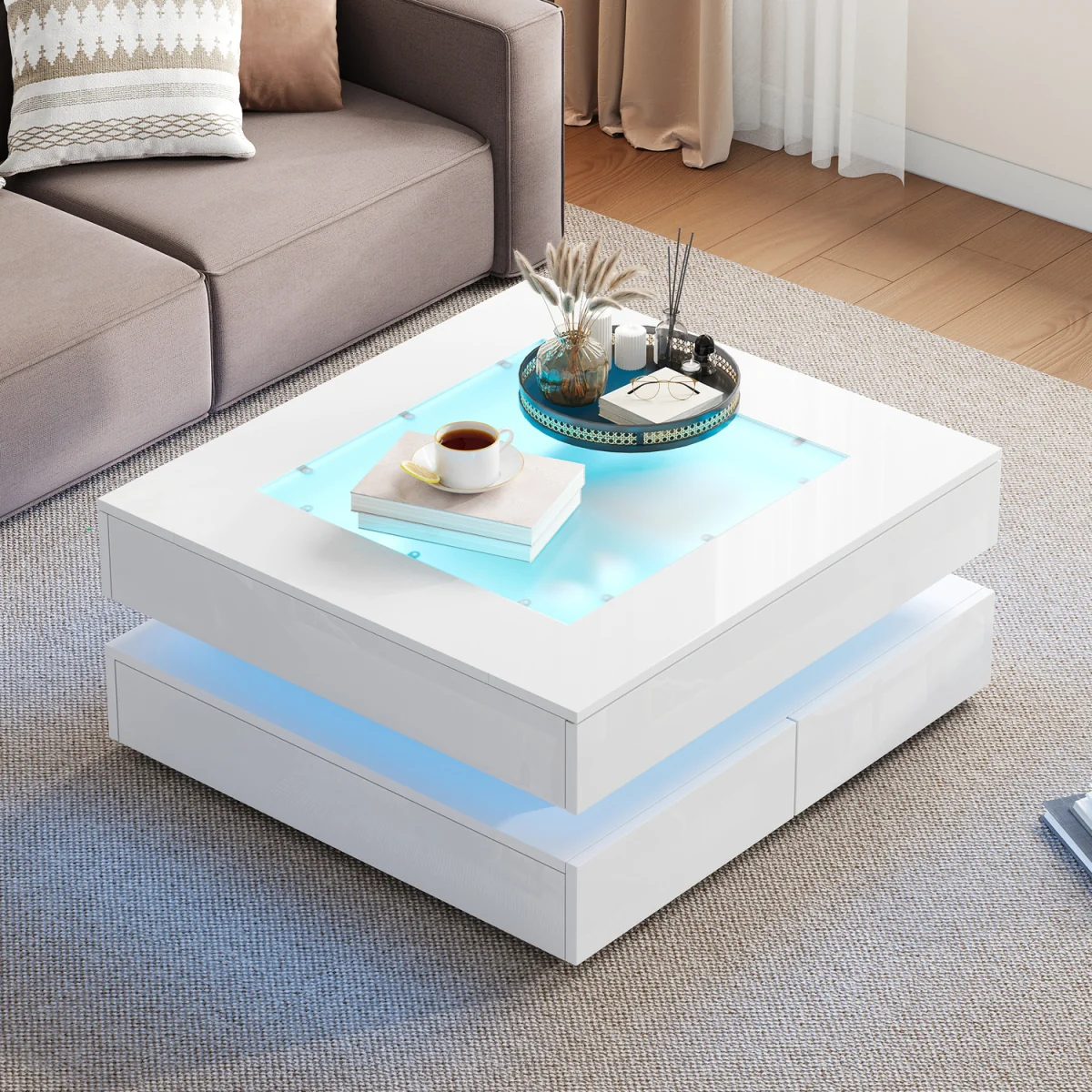White High Gloss Coffee Table with 3 Drawers, Glass Top & LED Lights - White – image 3