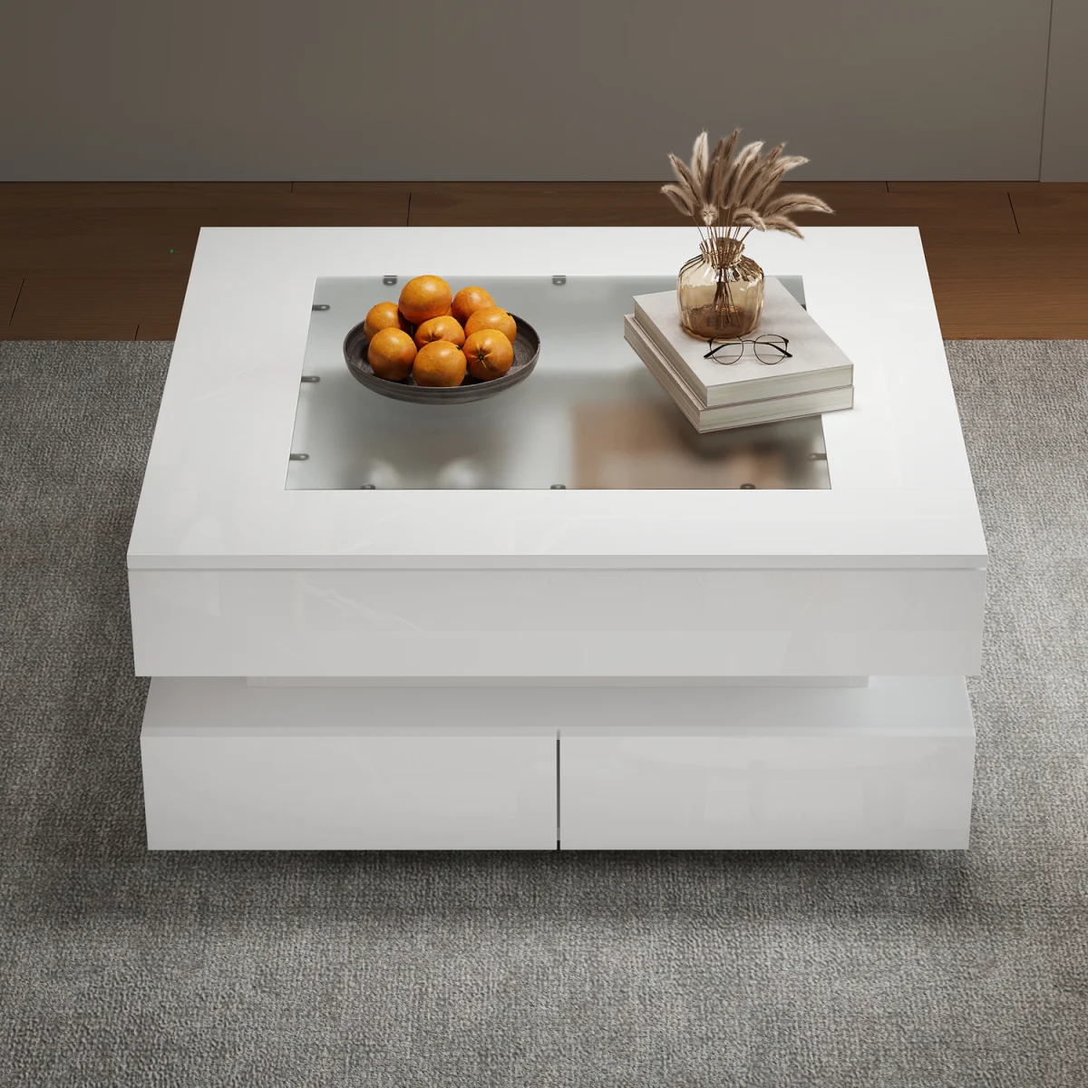 White High Gloss Coffee Table with 3 Drawers, Glass Top & LED Lights - White – image 4