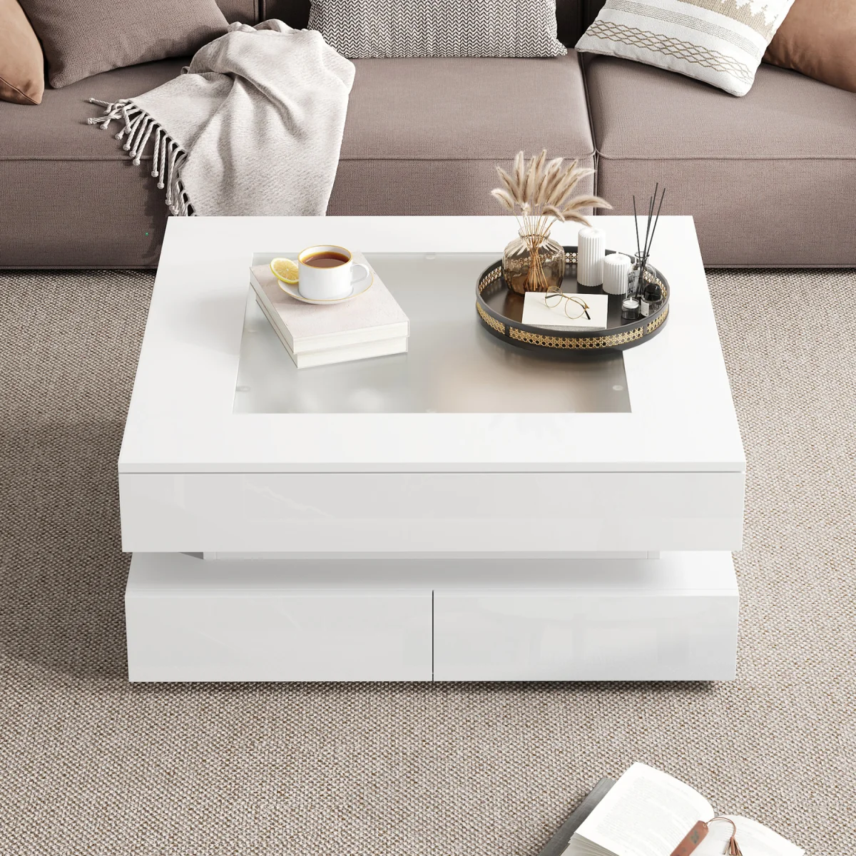 White High Gloss Coffee Table with 3 Drawers, Glass Top & LED Lights - White – image 5